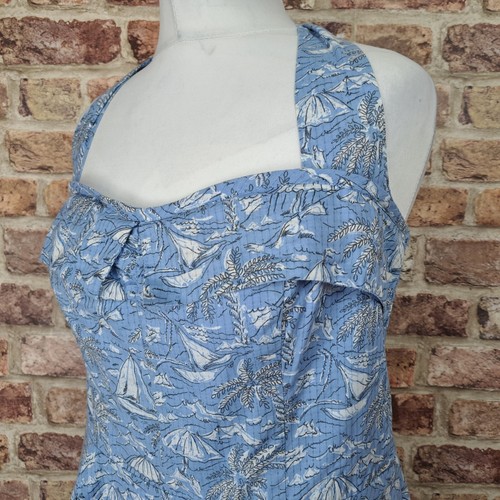 Laura Ashley Dress Blue Floral UK 14 Fit Flare Lined Below Knee Halter Neck - Picture 7 of 12