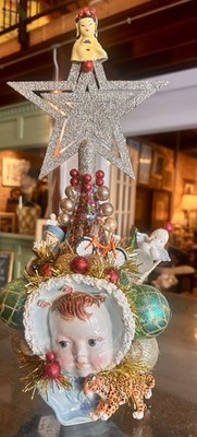 Vintage Baby In Bonnet Planter With Vintage Ornaments And Toys