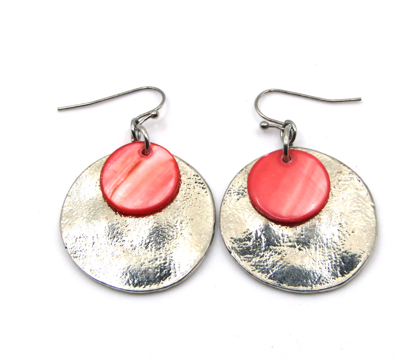 Pink Shell Round Dangle Earrings Silver Tone 1,75… - image 1