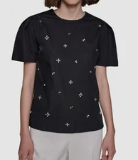 Karl Lagerfeld Paris Womens Black Embellished Short-Sleeve Blouse Top Size M