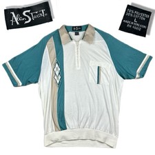Vintage Alan Stuart Banded Waist Polo Shirt Large White Green geometric Pattern