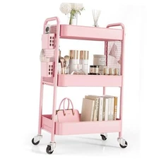  3 Tier Rolling Cart Storage Organizer, Metal Rolling Utility Cart with Pink