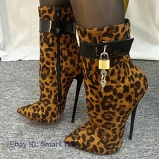 Women 16cm High Heels Ankle Boots Lock Strap Pointed Toe Stilettos Booties