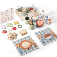 Wooden Play Cooking Set, Pretend Play Kitchen Accessories Toys Set for Kids T...