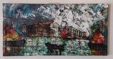 Mid Century Oil Painting of Post Impressionist Harbor Scape 