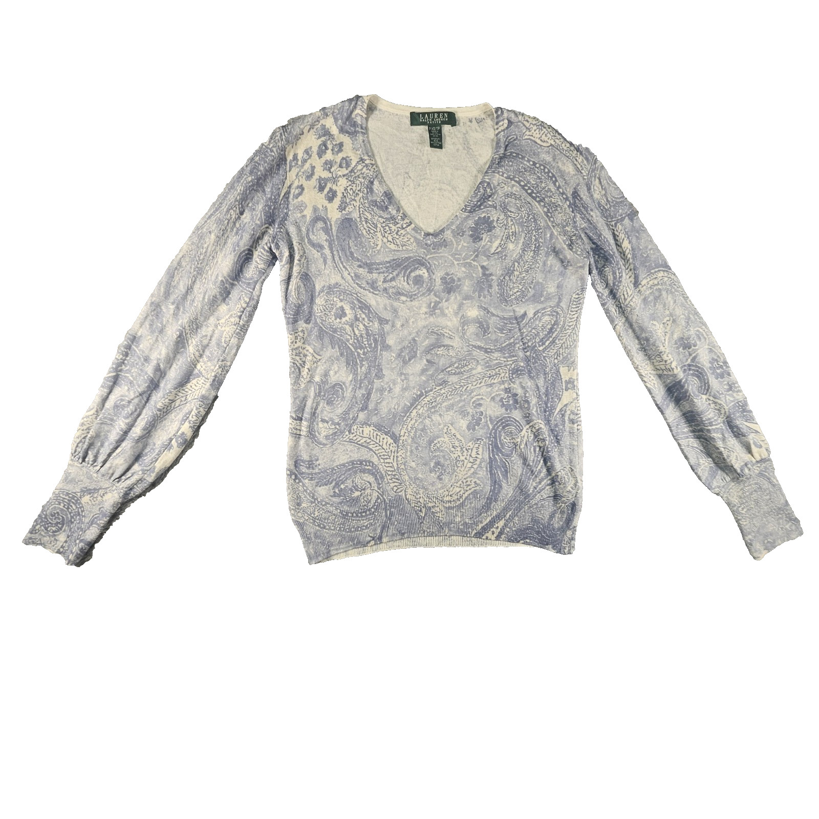 Ralph Lauren Silk Sweater Womens XS Paisley Floral V Neck Preppy Luxury Designer