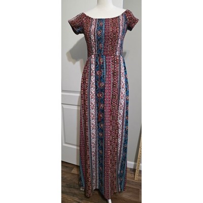 Band of Gypsies Maxi Dress Women M Multicolor Boho Off-Shoulder Smocked Pockets