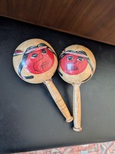 Venezuela Maraca Holz Percussion Shaker Frau Gesicht auf Vorderseite Vintage 8" 