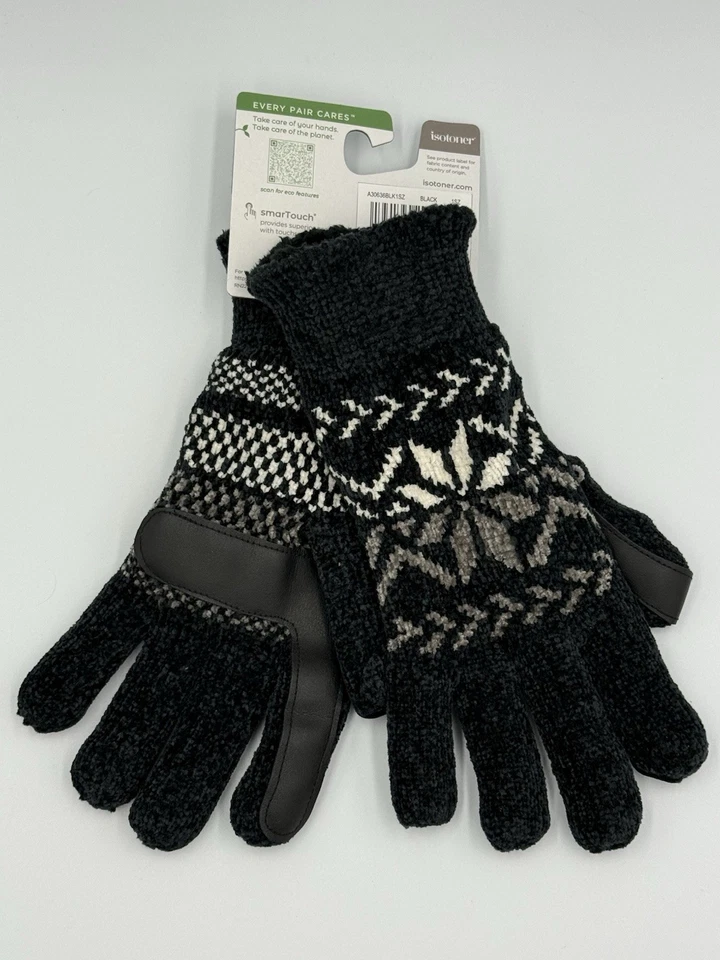 Isotoner снежинка шениль перчатки черный акрил трикотажа ребристые манжеты женщин 1Size - Изображение 2 из 4