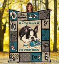 Custom Dog Kisses Fix Everything Boston Terrier Velveteen Plush Fleece Blanket