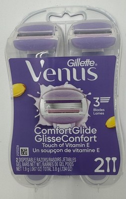 GILLETTE VENUS Comfort Glide Touch of Vit. E pk 2 Disposable Razors purple NEW