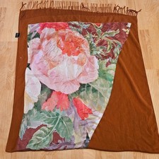 Pashmina Floral Silk Panel Shawl Wrap Womens OS Brown Fringe Made in Italy