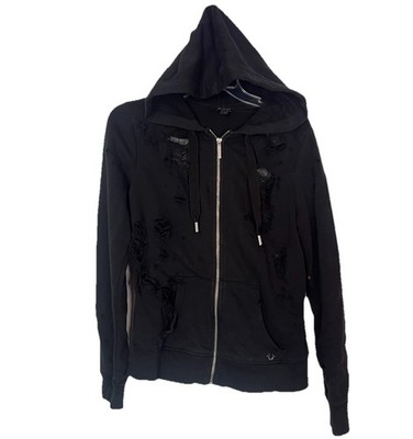True Religion Full Zip Up Distressed Destroy Hoodie Black Ripped Mesh Goth Emo