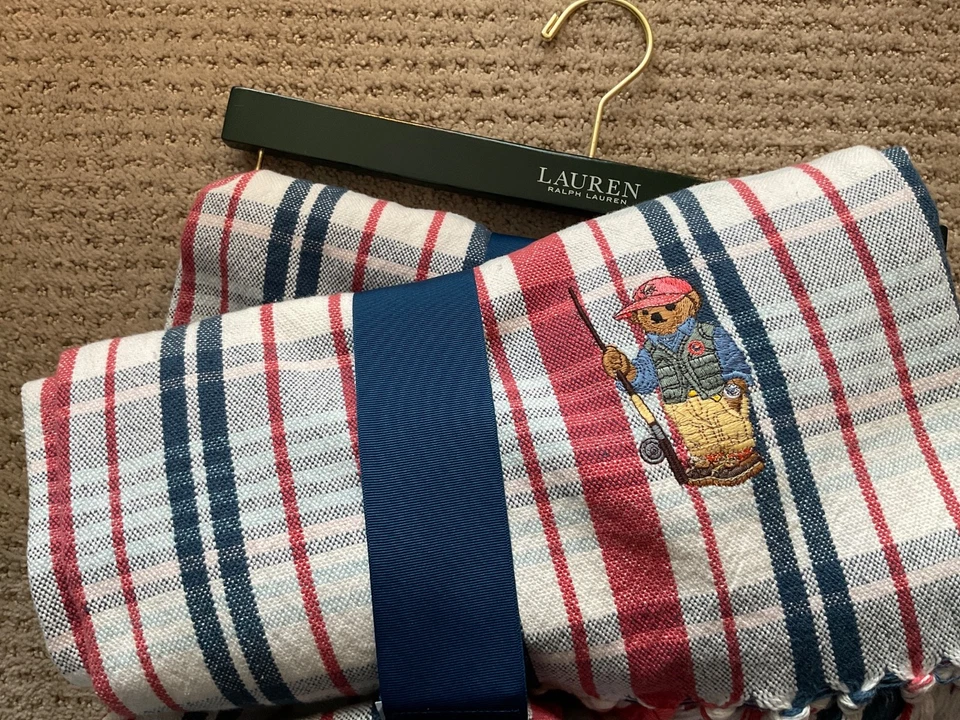 New Polo Ralph Lauren Plaid Polo Bear Fishing Cotton Throw Blanket 50x70 NWT - Image 2 of 3