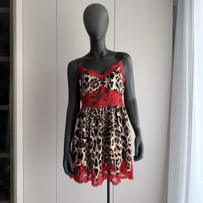 Rabanne x H&M Leopard Dress US 8 Brown Satin Red Lace Mini Fit Flared | eBay