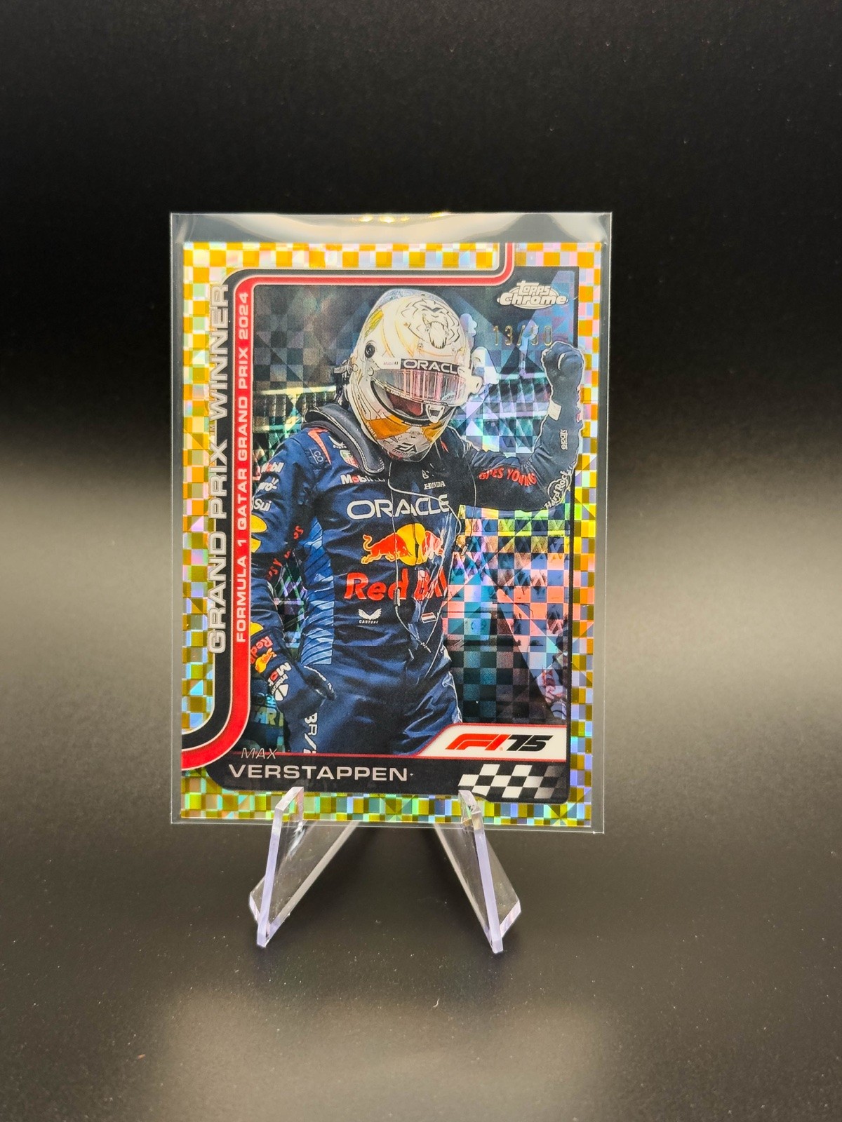2025 Topps Chrome F1 Max Verstappen #115 Qatar GP Winner Gold Checker /50 view 1