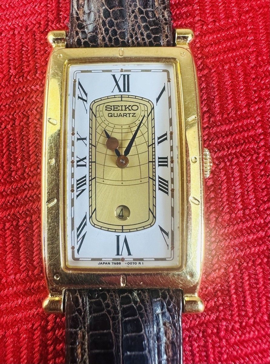 Vtg Seiko Quartz 7N89-5009 Age of Discovery Watch Gold Case Roman