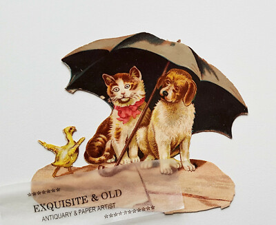 um 1900 Hund Katze Ente Tier Glanzbild Prägedruck Ephemera Werbung Chocolat