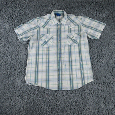 Kik Wear California Shirt Mens Medium Blue Green Plaid Western Pearl Snap