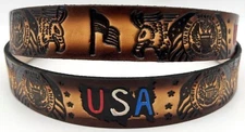 USA FLAG EAGLE EMBOSSED GENUINE COWHIDE LEATHER BELT USA MADE