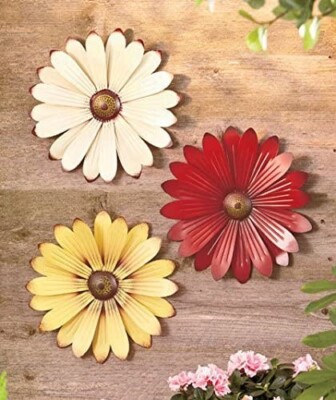 Set of 3 Cream Red Yellow Metal Flower Wall Art Garden Spring Flowerpot Decor