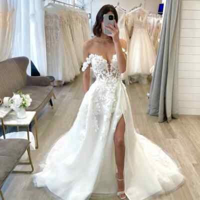 Elegant Lace Wedding Dresses Off the Shoulder Side Split A line Gown Sweep Train