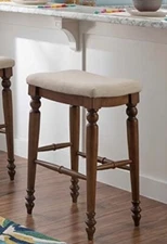 New Linon Marino Bar Height Backless Barstool Walnut Wood Cream Linen Cushion