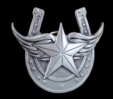 LUCKY WINGED STAR AND HORSESHOE BELT BUCKLE PEWTER NEW 