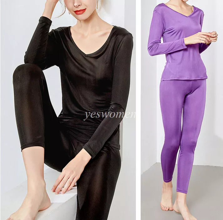 Women V Neck Silk Long Underwear Pajama Set Long Johns Thermal Underwear  Sets