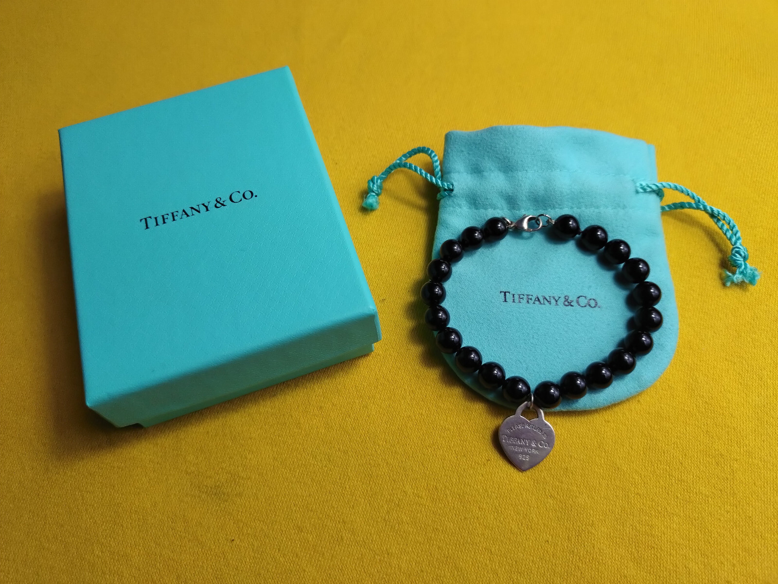 Tiffany & Co. "Return to Tiffany" Silver Heart Tag and Onyx Bead Bracelet