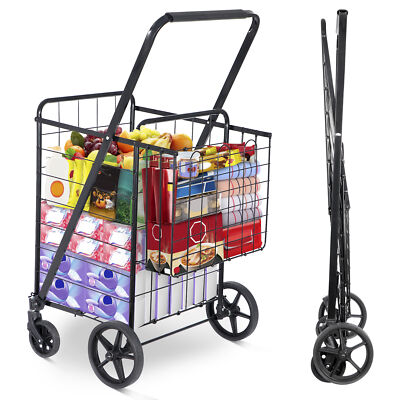 #ad Folding Shopping Cart for Groceries Laundry with Wheels and Double Basket Black $49.58