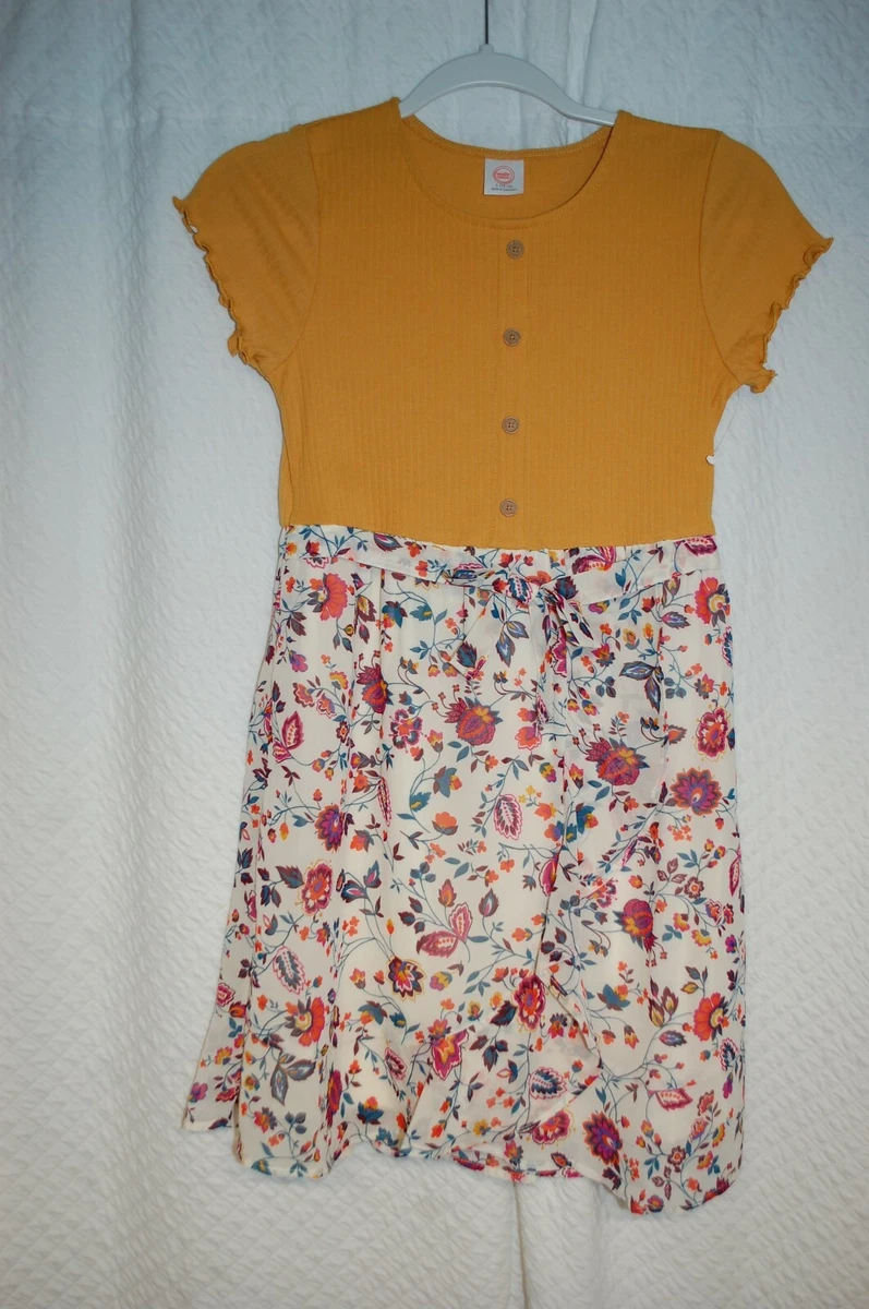 Girls S/S Dress GOLD KNIT TOP Chiffon Ruffle FLOWERS Pink Orange Teal XL 14-16
