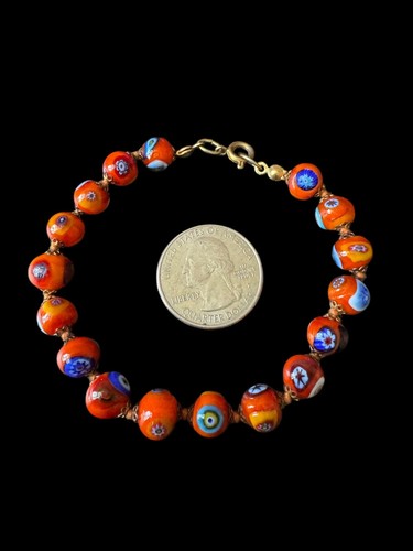 Vintage Murano Style Orange Evil Eye Mosaic Bracelet J1 - Picture 5 of 5