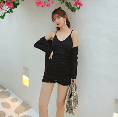 Korean Women Two-Piece V Neck Suspender Bikini Flounce Hem Fashion Coat Swimsuit