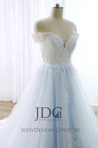 Ivory Light Blue Pearls Beaded Lace Wedding Dress Bridal Gown Corset Ball Gown - Picture 2 of 12