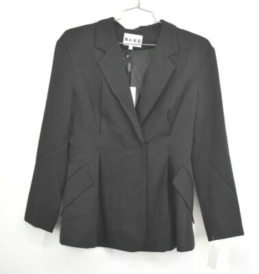 NA-KD Womens Gathered Waist Blazer Jacket Black Career Single Snap Stretch  36