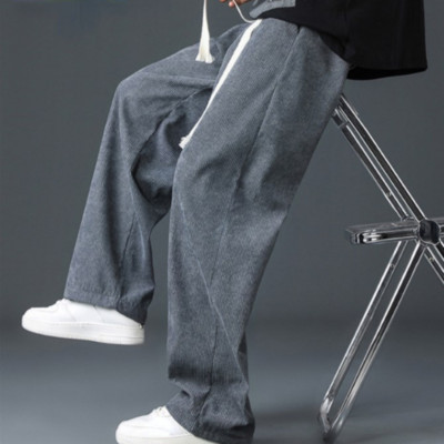 Men Corduroy Drawstring Pants Wide Leg Straight Trousers Casual Loose Sweatpants