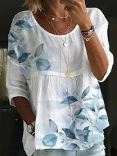 Womens Cotton Linen Floral Tunic Tops Blouse Ladies Boho Loose Summer T-Shirt