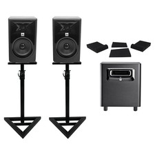 2 JBL 305P MkII 5" Powered Studio Monitors Stands Pads Powered Subwoofer Sub