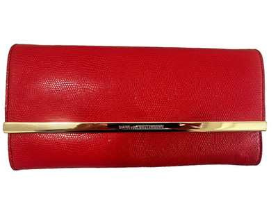 Diane Von Furstenberg  440 Envelope Clutch Red Leather Pebble Gold Chain Strap
