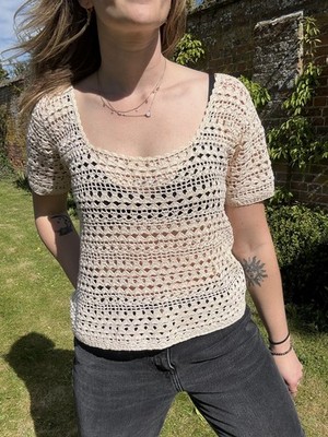 Vintage Gr. M 10-12 Ecru Häkel Strick Kurzarm Top