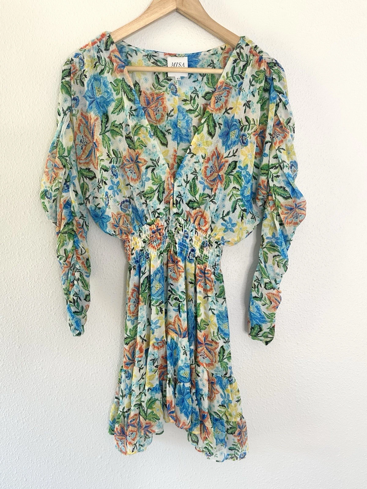 PALM ANGELS Misa Los Angeles Mini Abito Donna Chiara XS Oasis Floreale Scollo V Colorato Ruffle