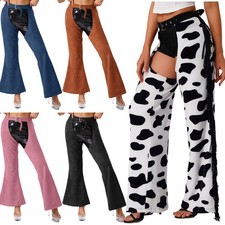 Womens Cowgirl Chaps Faux Suexe Hollow Out Bell Bottoms Halloween Party Cosplay