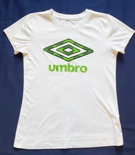 Umbro Girls Athletic T-Shirt White Green Logo Youth Size Medium M 100 Polyester