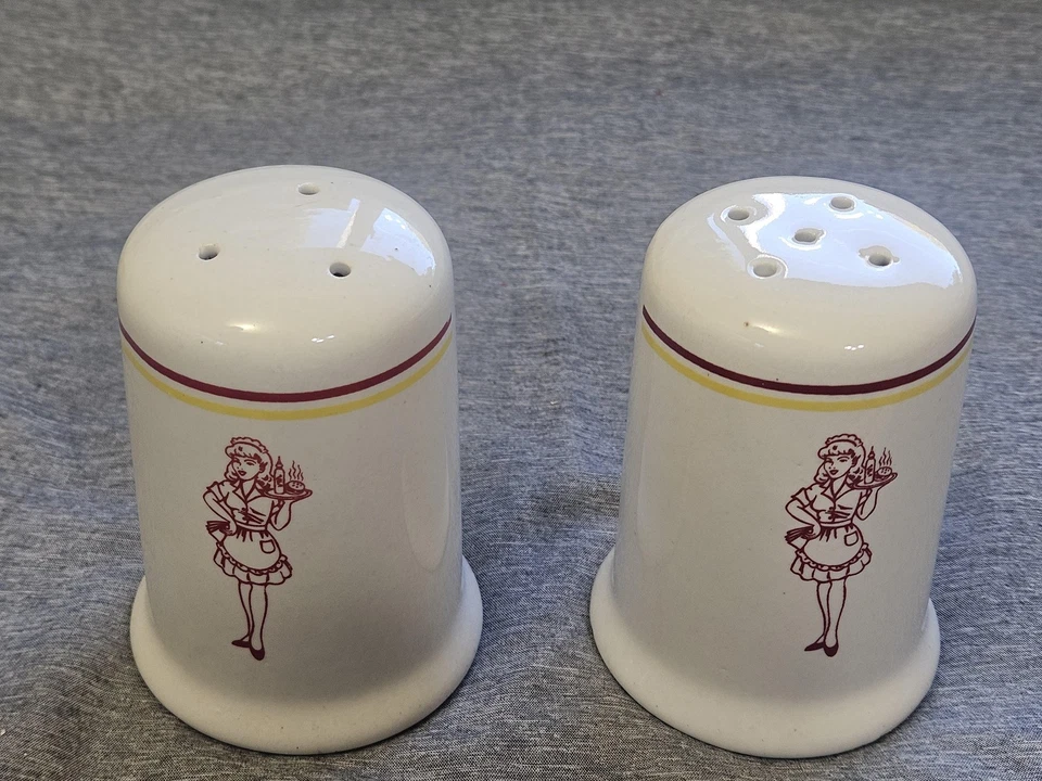 Sal y pimienta de cerámica camarera blanco rojo amarillo artículos de restaurante Foto 3 de 4