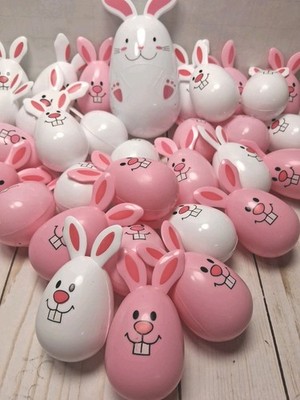 30 White/ Pink Bunny Shaped Plastic Easter Eggs Fillable w/ jumbo