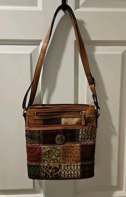 Giani Bernini  VTG Patchwork Leather & Cloth Satchel Shoulder Tote POCKETS !!