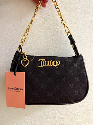 Juicy Couture Black Logo Shoulder Bag Small Gold Chain Strap Heart Charm NWT