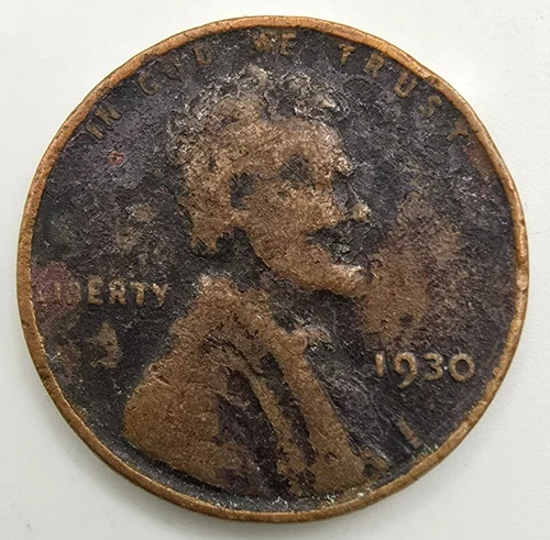 1930 P Lincoln Wheat Cent Struck Through Grease OBV & REV Error VF Details Penny