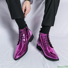 Mens British Point Toe Dress Business Lace Up Shiny Wedding Side Zip Shoes Retro